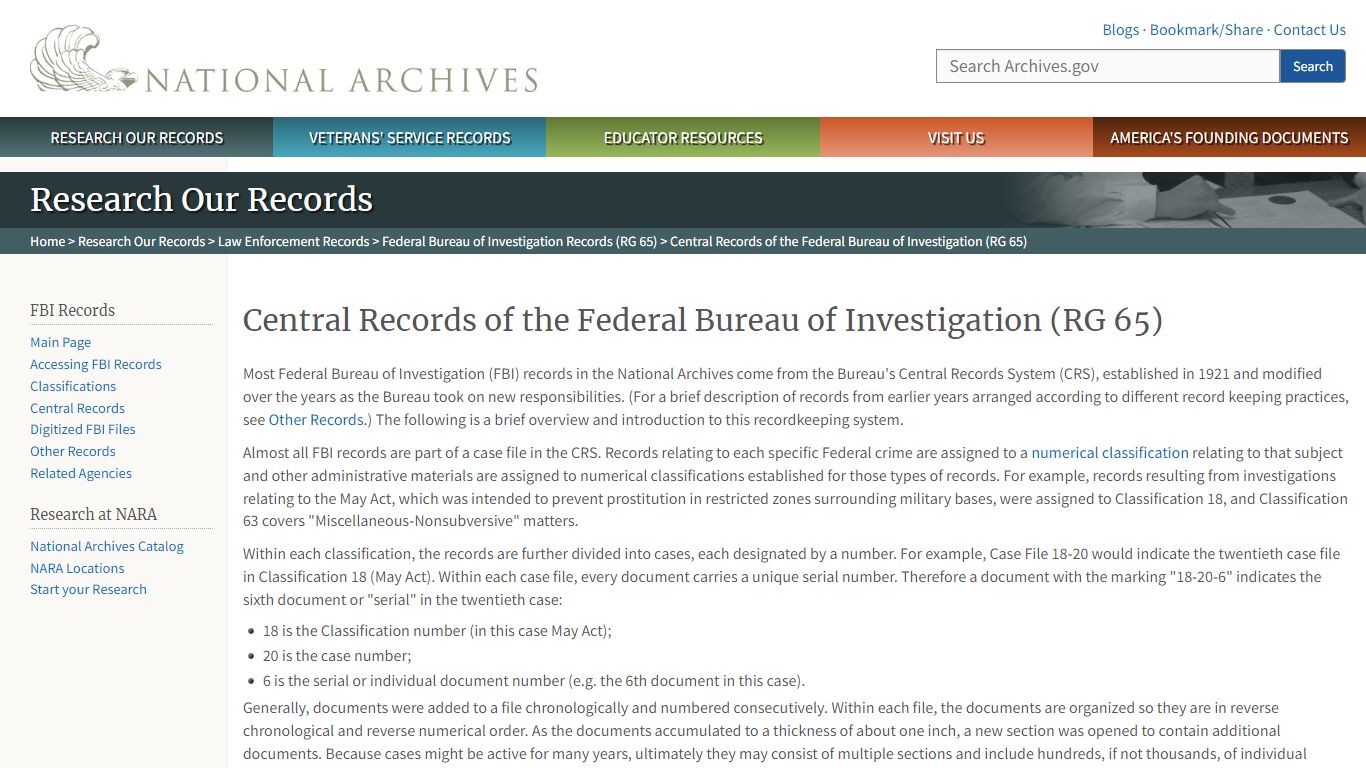 Central Records of the Federal Bureau of Investigation (RG 65)