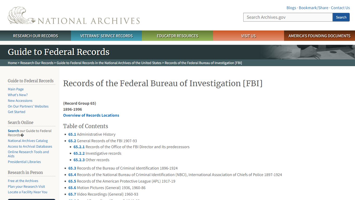 Records of the Federal Bureau of Investigation [FBI] - National Archives